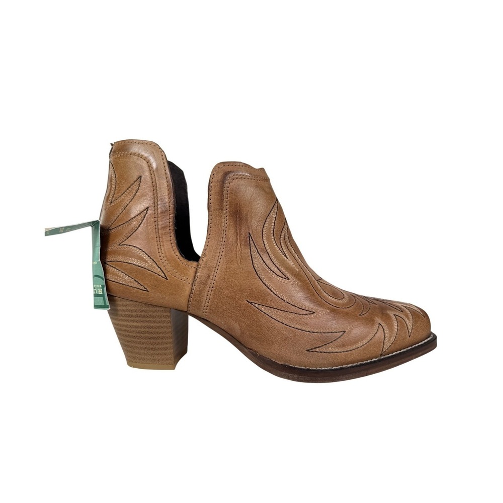Roper Rowdy Western Ankle Boots Womens 8 Tan Leather Snip‎ Toe Cut Outs Bootie